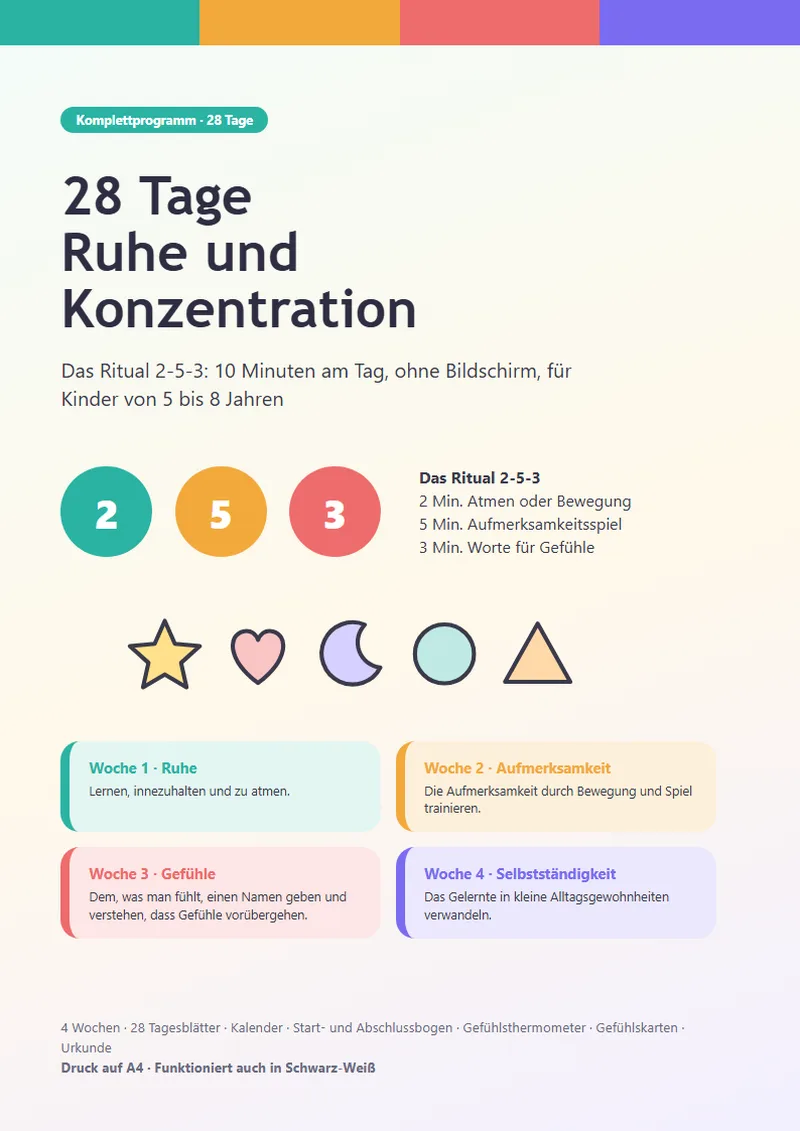 Titelseite des Programms 28 Tage Ruhe und Konzentration